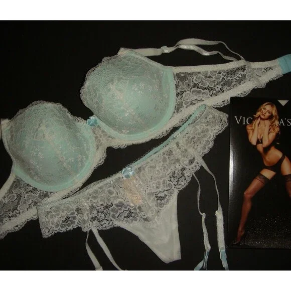 Victoria's Secret 34DD BRA SET+garter+thong+S SLIP WHITE blue BRIDAL lace I DO